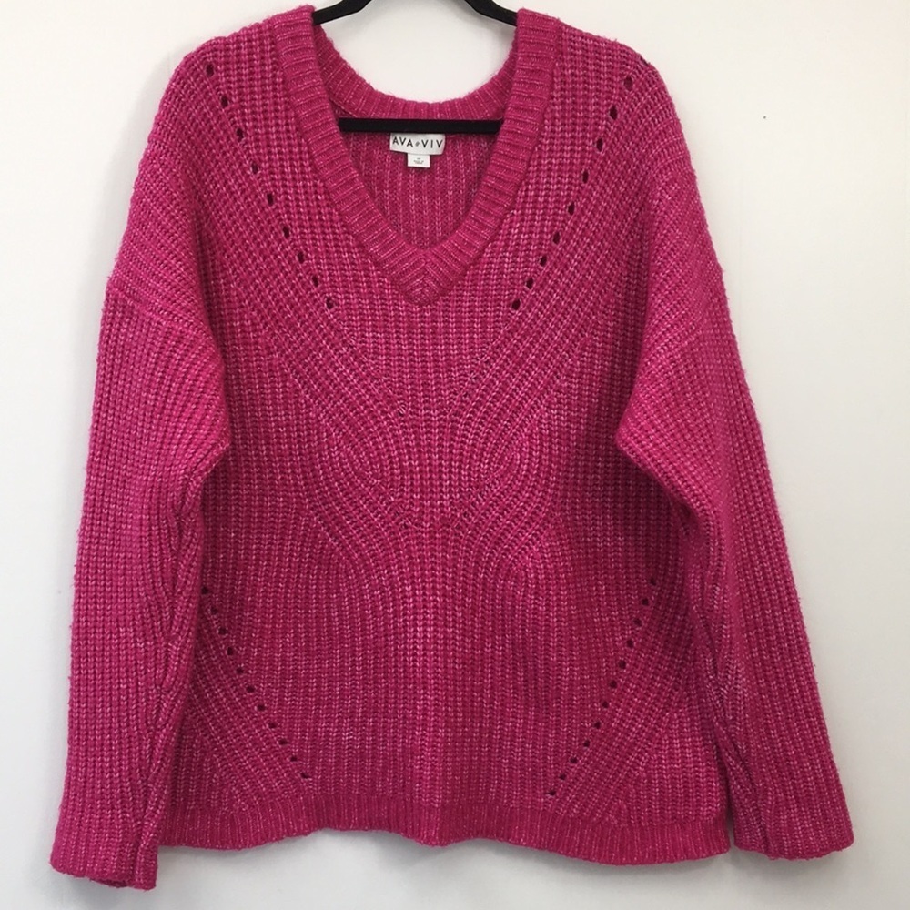Ava & Viv V-Neck Women's Hot Pink Soft Sweater Size 1XL EXCELLENT Condition
